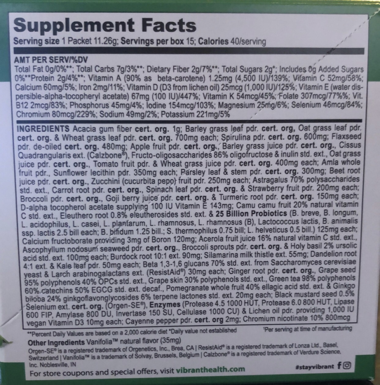 green vibrance ingredients and nutrition facts